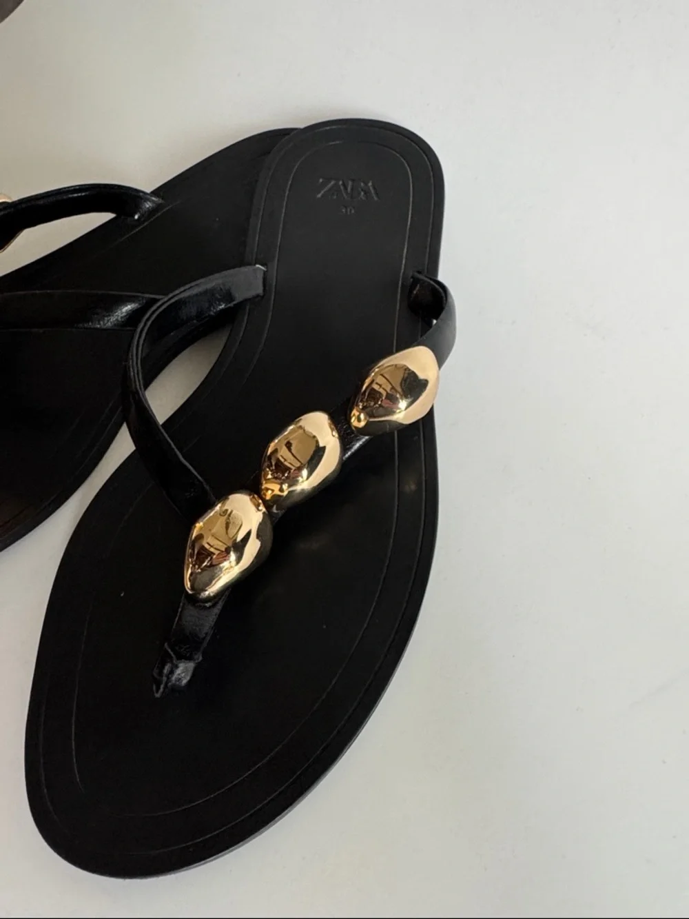 Zara Black Sandal Thongs with Gold Orb Detailing - Picture 2 of 6